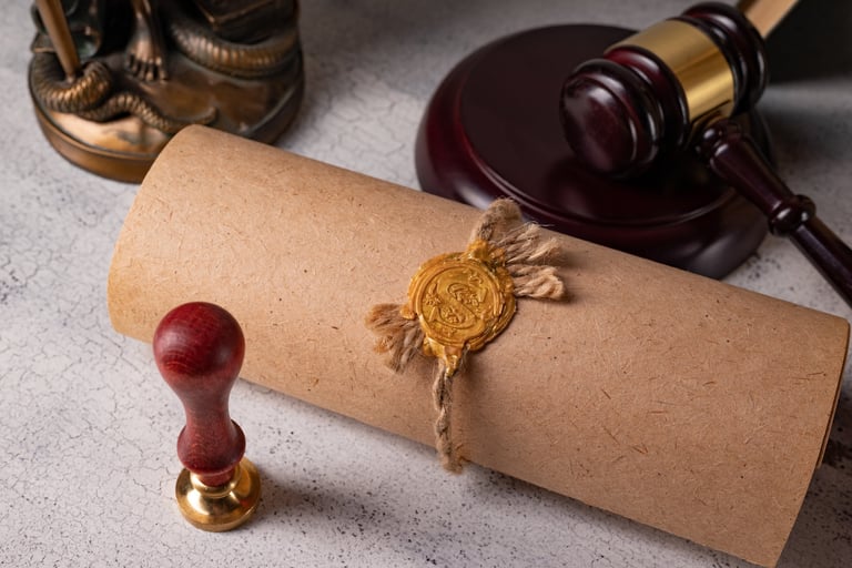 Judge's gavel, books, parchment scroll with seal and stamp