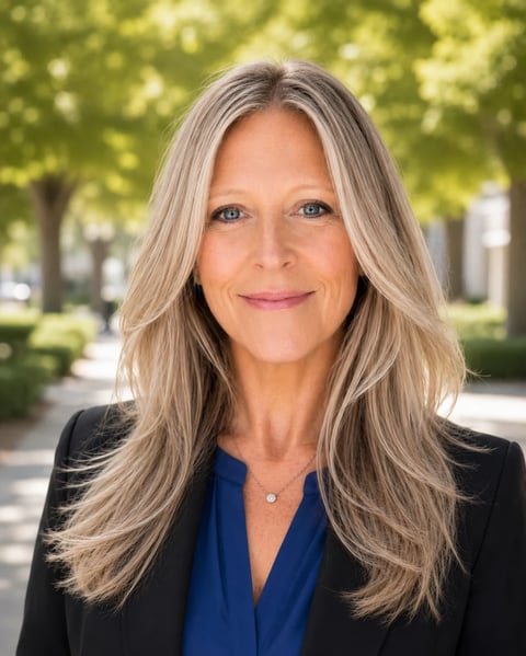 Professional headshot of a woman with long blonde hair wearing a black blazer and blue top, smiling at the camera outdoors