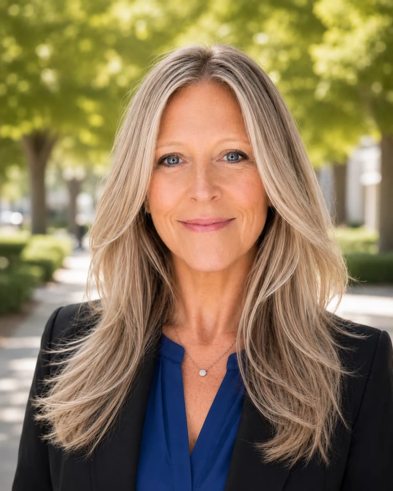 Professional headshot of a woman with long blonde hair wearing a black blazer and blue top, smiling at the camera outdoors