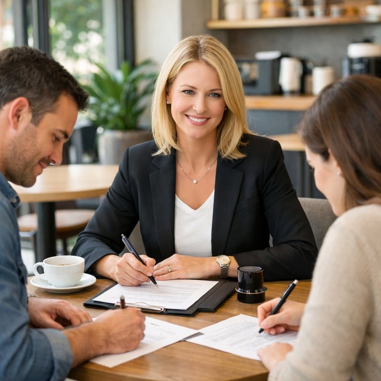 Professional woman in black blazer smiling while meeting with two colleagues at a wooden table, reviewing documents in a modern office setting
