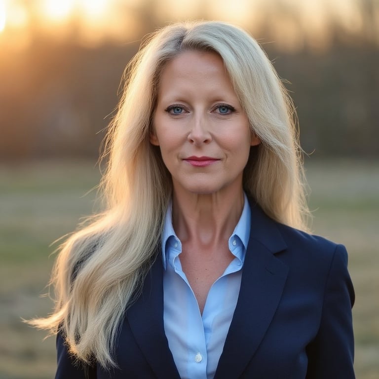 Professional headshot of a woman with long blonde hair wearing a dark blazer and light blue shirt, photographed outdoors at sunset