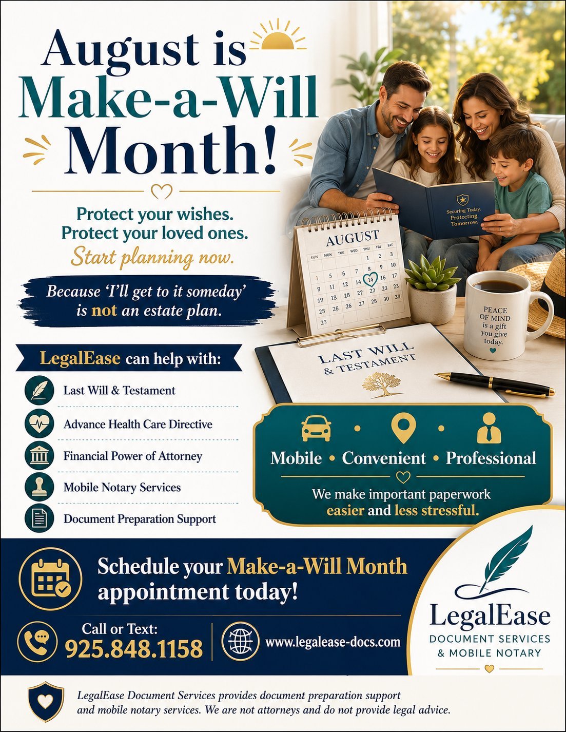 August is Make-a-Will Month promotional flyer for LegalEase Document Services featuring a family reviewing documents and listing will preparation services